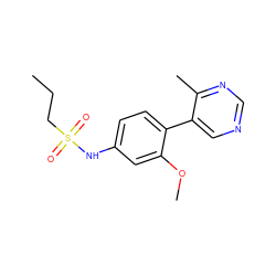 CCCS(=O)(=O)Nc1ccc(-c2cncnc2C)c(OC)c1 ZINC000169184865