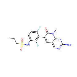 CCCS(=O)(=O)Nc1ccc(F)c(-c2cc3cnc(N)nc3n(C)c2=O)c1F ZINC000084635709