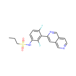 CCCS(=O)(=O)Nc1ccc(F)c(-c2cc3cnccc3cn2)c1F ZINC000084603915