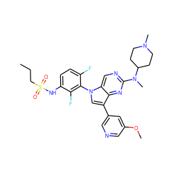 CCCS(=O)(=O)Nc1ccc(F)c(-n2cc(-c3cncc(OC)c3)c3nc(N(C)C4CCN(C)CC4)ncc32)c1F ZINC000169709993