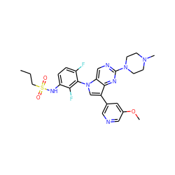 CCCS(=O)(=O)Nc1ccc(F)c(-n2cc(-c3cncc(OC)c3)c3nc(N4CCN(C)CC4)ncc32)c1F ZINC000169709990