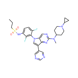 CCCS(=O)(=O)Nc1ccc(F)c(-n2cc(-c3cncnc3)c3nc(N(C)C4CCN(C5CC5)CC4)ncc32)c1F ZINC000169709997