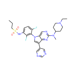 CCCS(=O)(=O)Nc1ccc(F)c(-n2cc(-c3cncnc3)c3nc(N(C)C4CCN(CC)CC4)ncc32)c1F ZINC000169709996