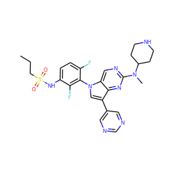 CCCS(=O)(=O)Nc1ccc(F)c(-n2cc(-c3cncnc3)c3nc(N(C)C4CCNCC4)ncc32)c1F ZINC000169709999