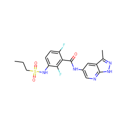 CCCS(=O)(=O)Nc1ccc(F)c(C(=O)Nc2cnc3[nH]nc(C)c3c2)c1F ZINC000072180833