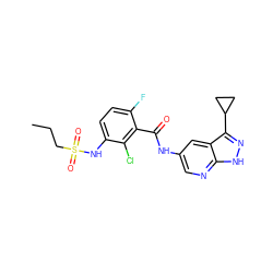 CCCS(=O)(=O)Nc1ccc(F)c(C(=O)Nc2cnc3[nH]nc(C4CC4)c3c2)c1Cl ZINC000043207240