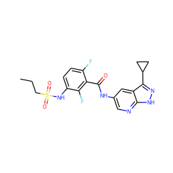 CCCS(=O)(=O)Nc1ccc(F)c(C(=O)Nc2cnc3[nH]nc(C4CC4)c3c2)c1F ZINC000073222154
