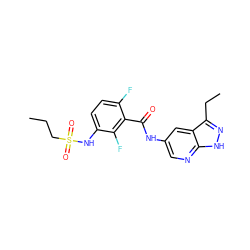 CCCS(=O)(=O)Nc1ccc(F)c(C(=O)Nc2cnc3[nH]nc(CC)c3c2)c1F ZINC000072180707