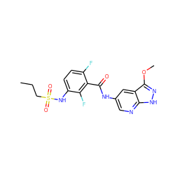 CCCS(=O)(=O)Nc1ccc(F)c(C(=O)Nc2cnc3[nH]nc(OC)c3c2)c1F ZINC000072181235
