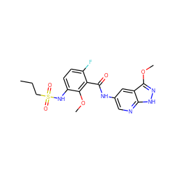 CCCS(=O)(=O)Nc1ccc(F)c(C(=O)Nc2cnc3[nH]nc(OC)c3c2)c1OC ZINC000072181634