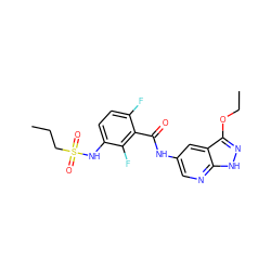 CCCS(=O)(=O)Nc1ccc(F)c(C(=O)Nc2cnc3[nH]nc(OCC)c3c2)c1F ZINC000072180266