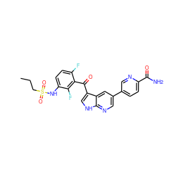 CCCS(=O)(=O)Nc1ccc(F)c(C(=O)c2c[nH]c3ncc(-c4ccc(C(N)=O)nc4)cc23)c1F ZINC000113516440