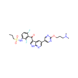 CCCS(=O)(=O)Nc1ccc(F)c(C(=O)c2c[nH]c3ncc(-c4cnc(OCCCN(C)C)nc4)cc23)c1F ZINC000113506145