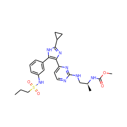 CCCS(=O)(=O)Nc1cccc(-c2[nH]c(C3CC3)nc2-c2ccnc(NC[C@H](C)NC(=O)OC)n2)c1 ZINC000169694702