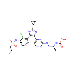 CCCS(=O)(=O)Nc1cccc(-c2[nH]c(C3CC3)nc2-c2ccnc(NC[C@H](C)NC(=O)OC)n2)c1Cl ZINC000096174604