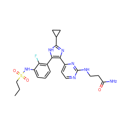 CCCS(=O)(=O)Nc1cccc(-c2[nH]c(C3CC3)nc2-c2ccnc(NCCC(N)=O)n2)c1F ZINC000169694700