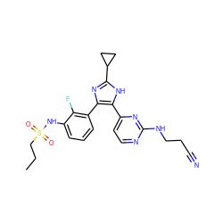 CCCS(=O)(=O)Nc1cccc(-c2nc(C3CC3)[nH]c2-c2ccnc(NCCC#N)n2)c1F ZINC000096174610