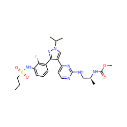 CCCS(=O)(=O)Nc1cccc(-c2nn(C(C)C)cc2-c2ccnc(NC[C@H](C)NC(=O)OC)n2)c1F ZINC000149506079