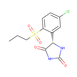 CCCS(=O)(=O)c1ccc(Cl)cc1[C@@H]1NC(=O)NC1=O ZINC000028227229