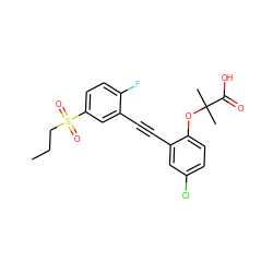 CCCS(=O)(=O)c1ccc(F)c(C#Cc2cc(Cl)ccc2OC(C)(C)C(=O)O)c1 ZINC000073157996