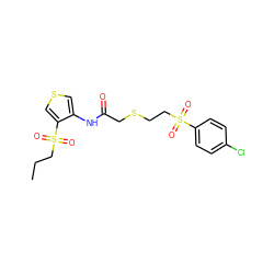 CCCS(=O)(=O)c1cscc1NC(=O)CSCCS(=O)(=O)c1ccc(Cl)cc1 ZINC000003120342