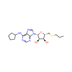 CCCSC[C@H]1O[C@@H](n2cnc3c(NC4CCCC4)ncnc32)[C@H](O)[C@@H]1O ZINC000013776776