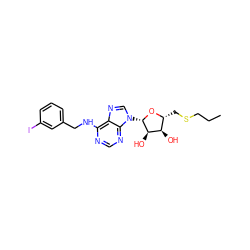 CCCSC[C@H]1O[C@@H](n2cnc3c(NCc4cccc(I)c4)ncnc32)[C@H](O)[C@@H]1O ZINC000049771310