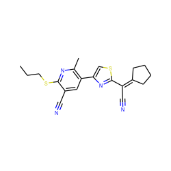 CCCSc1nc(C)c(-c2csc(C(C#N)=C3CCCC3)n2)cc1C#N ZINC000004057735