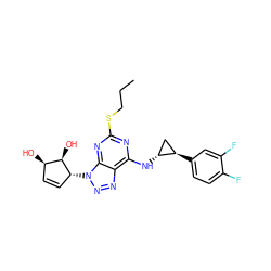 CCCSc1nc(N[C@@H]2C[C@H]2c2ccc(F)c(F)c2)c2nnn([C@@H]3C=C[C@@H](O)[C@H]3O)c2n1 ZINC000103225603