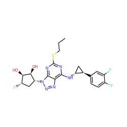 CCCSc1nc(N[C@@H]2C[C@H]2c2ccc(F)c(F)c2)c2nnn([C@@H]3C[C@H](F)[C@@H](O)[C@H]3O)c2n1 ZINC000103225607