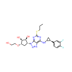 CCCSc1nc(N[C@@H]2C[C@H]2c2ccc(F)c(F)c2)c2nnn([C@@H]3C[C@H](OCCO)[C@@H](O)[C@H]3O)c2n1 ZINC000028957444