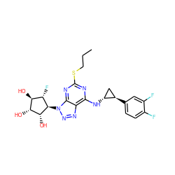 CCCSc1nc(N[C@@H]2C[C@H]2c2ccc(F)c(F)c2)c2nnn([C@H]3[C@H](O)[C@H](O)[C@@H](O)[C@@H]3F)c2n1 ZINC000103225594