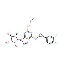 CCCSc1nc(N[C@@H]2C[C@H]2c2ccc(F)c(F)c2)c2nnn([C@H]3[C@H](O)[C@H](O)[C@@H](O)[C@H]3F)c2n1 ZINC000103225589