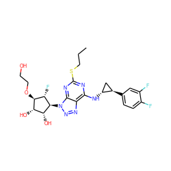 CCCSc1nc(N[C@@H]2C[C@H]2c2ccc(F)c(F)c2)c2nnn([C@H]3[C@H](O)[C@H](O)[C@@H](OCCO)[C@@H]3F)c2n1 ZINC000103225597