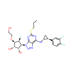 CCCSc1nc(N[C@@H]2C[C@H]2c2ccc(F)c(F)c2)c2nnn([C@H]3[C@H](O)[C@H](O)[C@@H](OCCO)[C@H]3F)c2n1 ZINC000103225591