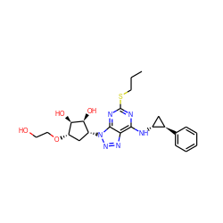 CCCSc1nc(N[C@@H]2C[C@H]2c2ccccc2)c2nnn([C@@H]3C[C@H](OCCO)[C@@H](O)[C@H]3O)c2n1 ZINC000028957424