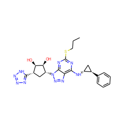 CCCSc1nc(N[C@@H]2C[C@H]2c2ccccc2)c2nnn([C@@H]3C[C@H](c4nnn[nH]4)[C@@H](O)[C@H]3O)c2n1 ZINC000043195841