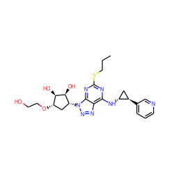 CCCSc1nc(N[C@@H]2C[C@H]2c2cccnc2)c2nnn([C@@H]3C[C@H](OCCO)[C@@H](O)[C@H]3O)c2n1 ZINC000103225573