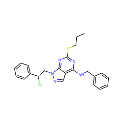 CCCSc1nc(NCc2ccccc2)c2cnn(C[C@H](Cl)c3ccccc3)c2n1 ZINC000040847225