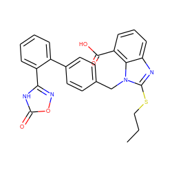 CCCSc1nc2cccc(C(=O)O)c2n1Cc1ccc(-c2ccccc2-c2noc(=O)[nH]2)cc1 ZINC000029551004