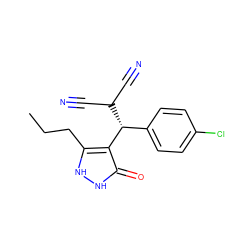 CCCc1[nH][nH]c(=O)c1[C@@H](c1ccc(Cl)cc1)C(C#N)C#N ZINC000000809412