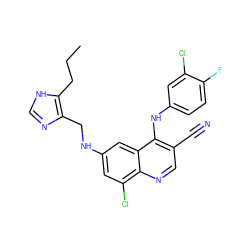 CCCc1[nH]cnc1CNc1cc(Cl)c2ncc(C#N)c(Nc3ccc(F)c(Cl)c3)c2c1 ZINC000014977447