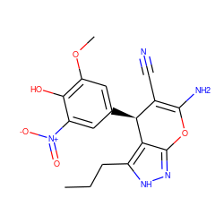 CCCc1[nH]nc2c1[C@@H](c1cc(OC)c(O)c([N+](=O)[O-])c1)C(C#N)=C(N)O2 ZINC000018083908