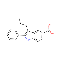 CCCc1c(-c2ccccc2)[nH]c2ccc(C(=O)O)cc12 ZINC000022114706