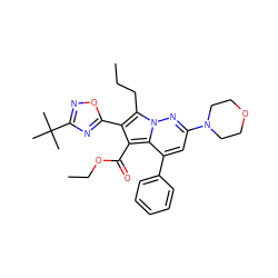 CCCc1c(-c2nc(C(C)(C)C)no2)c(C(=O)OCC)c2c(-c3ccccc3)cc(N3CCOCC3)nn12 ZINC000064548414