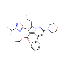 CCCc1c(-c2nc(C(C)C)no2)c(C(=O)OCC)c2c(-c3ccccc3)cc(N3CCOCC3)nn12 ZINC000064540977