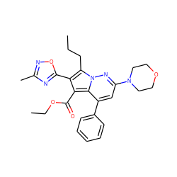 CCCc1c(-c2nc(C)no2)c(C(=O)OCC)c2c(-c3ccccc3)cc(N3CCOCC3)nn12 ZINC000013979407