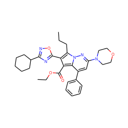 CCCc1c(-c2nc(C3CCCCC3)no2)c(C(=O)OCC)c2c(-c3ccccc3)cc(N3CCOCC3)nn12 ZINC000064548483