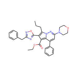 CCCc1c(-c2nc(Cc3ccccc3)no2)c(C(=O)OCC)c2c(-c3ccccc3)cc(N3CCOCC3)nn12 ZINC000064539960