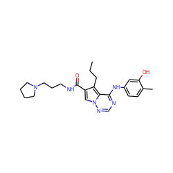 CCCc1c(C(=O)NCCCN2CCCC2)cn2ncnc(Nc3ccc(C)c(O)c3)c12 ZINC000028135187